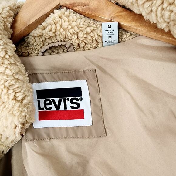 Levi's Teddy Sherpa Fleece Full Zip Jacket Sesame Brown Tan Medium Cinched NEW - Picture 13 of 16